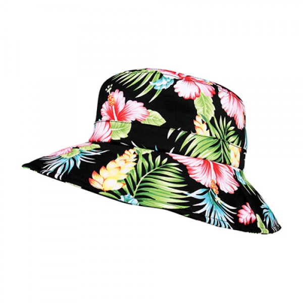 Bucket Hat - Ultra Soft Cotton Floral Print w/ Larger Brim - Black - HT-7904G-BK